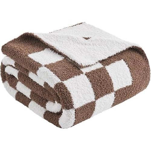 Snuggle Sac Checkered Throw Blanket for Couch, Super Soft, Cozy Warm Knit Blankets, Reversible Plaid Fluffy Throws for Sofa, Bed, Checkered Brown, 50x60 Inches