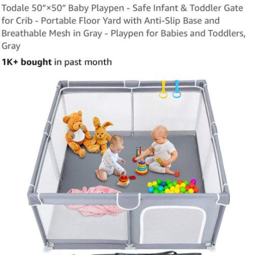 Todale 50”×50” Baby Playpen - Safe Infant & Toddler Gate for Crib - Portable Floor Yard with Anti-Slip Base and Breathable Mesh in Gray - Playpen for Babies and Toddlers, Gray