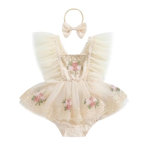Infant Baby Girl Romper Embroidery Flower Lace Baby Tutu Dress Romper Baby Girl Festival Clothes with Bow Headband