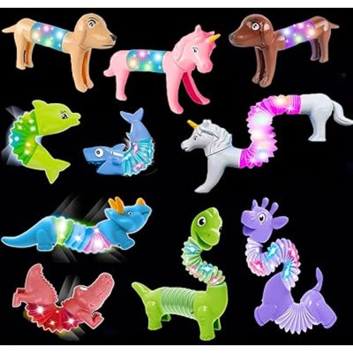 10 Pack Animal Light Up Pop Tubes,Toddler Sensory Toys,Fidget Toys, Extendable for Stress Relief, Party Favors, ADHD Autism Toy,Classroom School Reward,Birthday Gifts for Kids Girls Boys