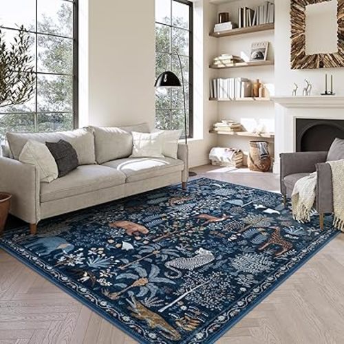 LEEVAN Jungle Area Rug 6x9 Washable Christmas Rug for Bedroom, Low Pile Blue Living Room Rug Thick Abstract Nursery Area Rug, Non Slip Carpet for Playroom, Dorm, Dining Room