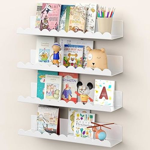 Nursery Book Shelves, 17 Inch White Metal Floating Shelves for Wall 4 Pack, Wall Mounted Book Shelf for Kids Room, Bedroom, Bathroom, Playroom Decor