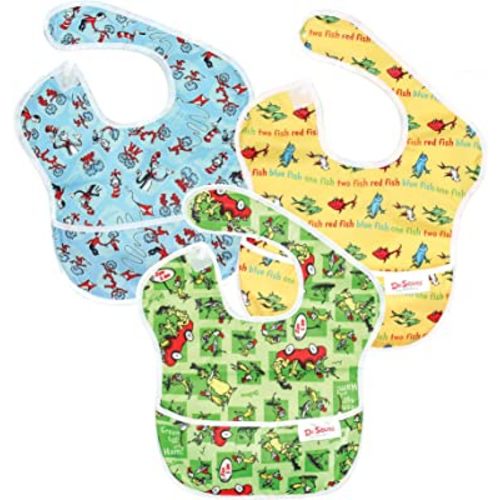 Bumkins Dr Seuss SuperBib, Baby Bib, Waterproof, Washable, Stain and Odor Resistant, 6-24 Months (Pack of 3) - Green Eggs, Yellow Fish, Cat In The Hat
