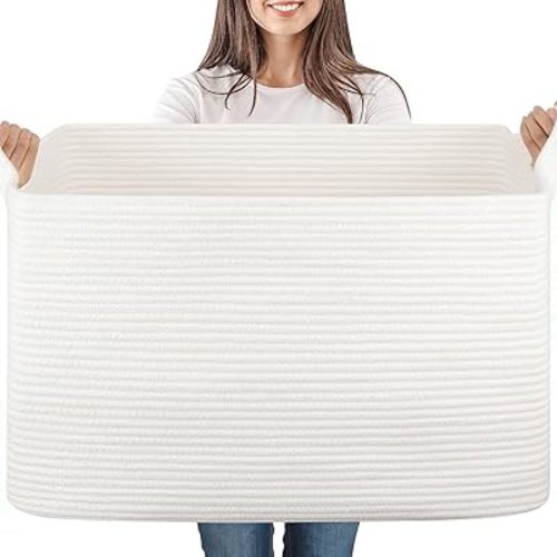 95L Large Storage Basket, Cotton Rope Woven Blanket Basket, Toy Storage for Baby Room, Living Room, 24" x 16.9" x 14.2", White