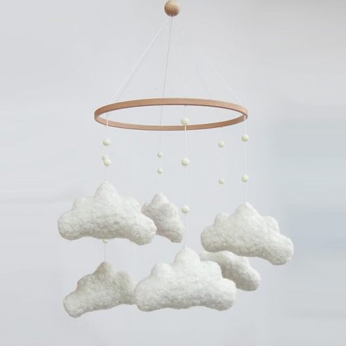 Cloud Mobile for Crib Neutral Baby Mobile for Crib Bassinet Boucle Cloud Baby Crib Mobile for Girls Boys Boho Nursery Mobiles with Wooden Stars