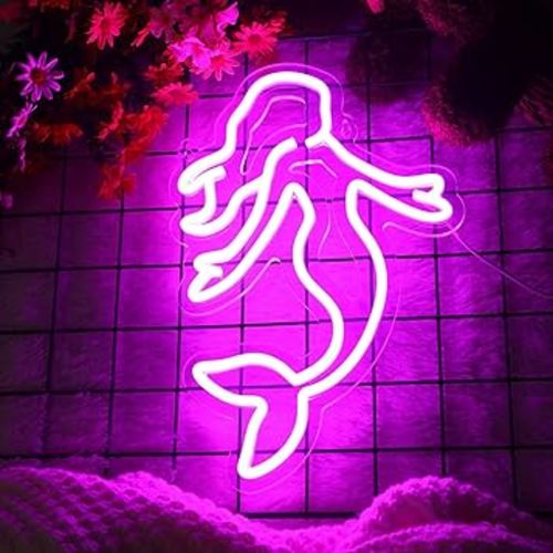 Mermaid Neon Sign Mermaid Night Light for Kids USB Powered Mermaid Neon Lights Cute LED Light Signs Mermaid Shaped LED Signs Neon Sign for Teen Room Wall Decor Christmas Gift Party Decorations