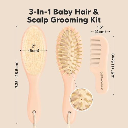 Baby Hair Brush Set for Newborns - Soft Goat Bristle Wooden Baby Brush and Comb Set Newborn Grooming Kit for Cradle Cap, Durable & Gentle, Boy, Girl Infant Essentials Care Kit (Oval, Peach)