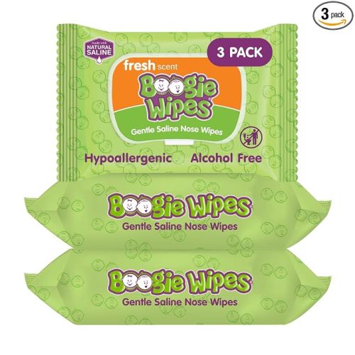 Boogie Wipes Gentle Saline Nose Wipes - 90 Count - Fresh Scent, Hypoallergenic & Alcohol-Free - Allergy Relief - Made with Natural Saline, Aloe, Chamomile & Vitamin E - Diaper Bag Essential