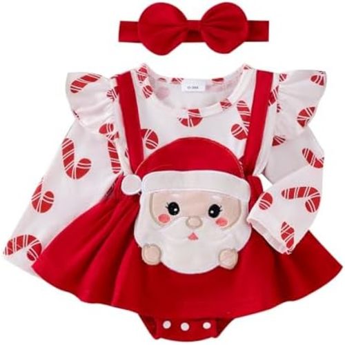 Infant Baby Girl Christmas Outfit Ruffle Plaid Romper Dress Long Sleeve Ribbed Knit Bodysuit Headband Winter Clothes
