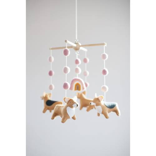 Corgis and rainbow baby mobile, nursery decor, dog mobile, pet lover gift, baby shower gift, baby girl mobile, newborn gift