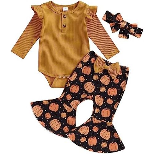 fhutpw Baby Girl Clothes Newborn 3 6 12 18 Months Fall Outfits Ruffle Knitted Long Seeve Romper Top & Flare Pants Sets