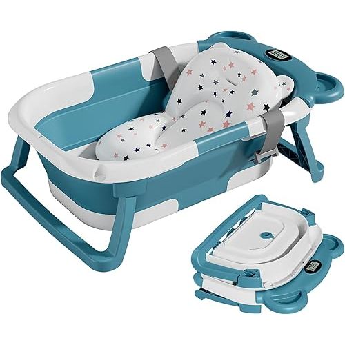 TPN Collapsible Baby Bathtub for Infants to Toddler with Real-time Temp Monitor+Floating Cushion,Foldable Baby Bath Tub Set Applicable 0-36 Month,Perfect Portable Travel Baby Tub for Newborns Boy