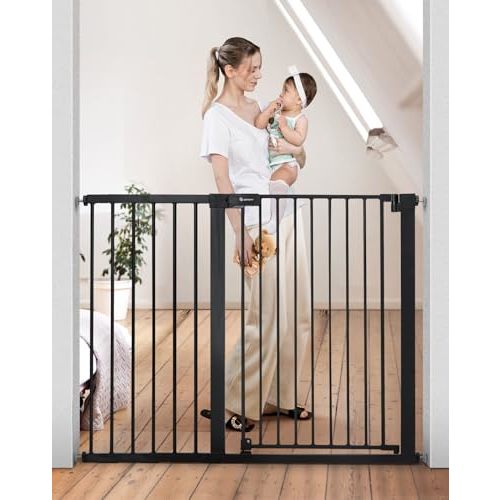 COMOMY 36" Extra Tall Baby Gate for Stairs and Doorways - Fits 29.5" to 48.8" Wide Openings, Auto Close Extra Wide Dog Gate for House, Pressure Mounted Easy Walk Through Pet With Door, Black
