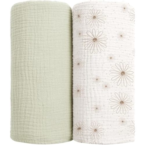 lulumoon Muslin Swaddle Blankets for Baby: Cotton & Soft Receiving Blanket for Newborn with Flower Printed- Neutral Gift for Baby Shower 2pack(GreenDaisy)