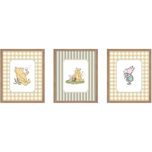 Monem Art 3-Piece Classic Characters Print - Pooh & Friends Poster - Nursery Art - Aesthetic Story Book Wall Design - Great Playroom or Kid's Room Decor - 11x14 Beige Framed