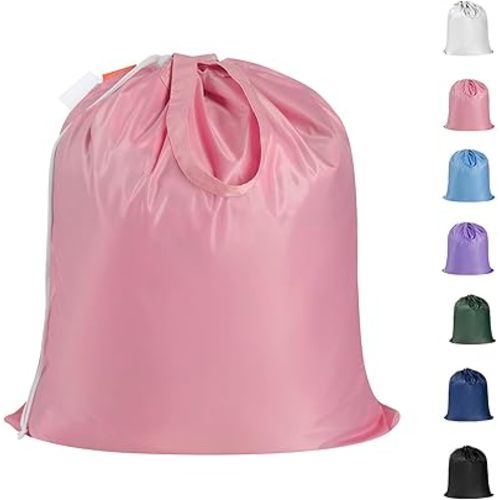 Polecasa Small Heavy Duty Laundry Bag with 130gsm Tear Resistant Fabric and Handles, Easy to Carry Durable Dirty Clothes Drawstring Bag, Perfect for College Dorm, Travel 21”x24”, Pink