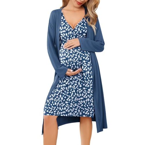 Ekouaer Maternity Nursing Gown and Robe Set Labor Delivery Nursing Nightgowns for Breastfeeding Pregnancy Clothes