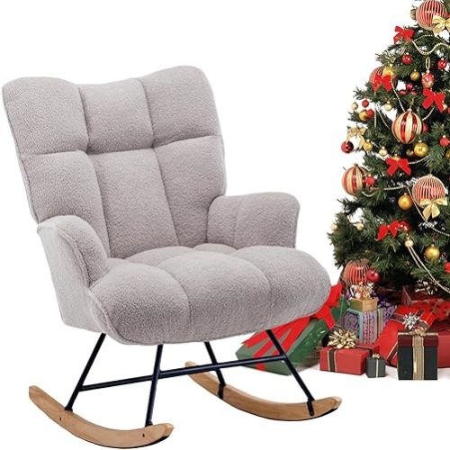 Rocking Chair Nursery Teddy Upholstered Glider Rocker Rocking Accent Chair Padded Seat with High Backrest Armchair Comfy Side Chair for Living Room Bedroom Offices (Grey Teddy)