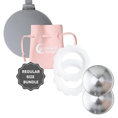 Cradle & Grace Silver Nursing Cups & Bloom Bands, Pure 999 Silver Nipple Shield & Silicone Comfort Rings, Nursing Moms Breastfeeding Essentials Bundle, Gray, Regular