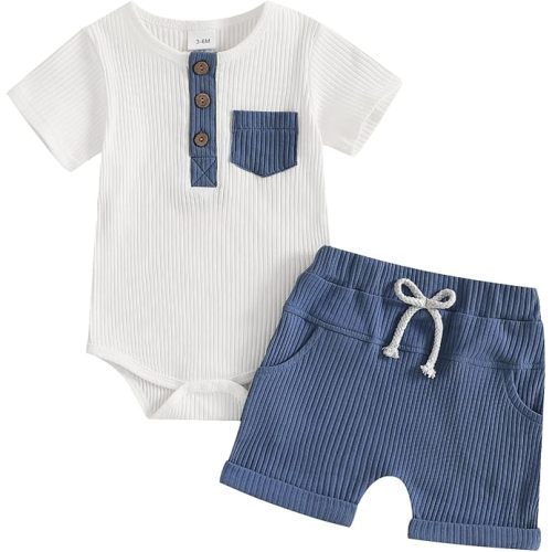 fhutpw Baby Boy Clothes Short Sleeve Romper & Shorts Sets Newborn 3 6 12 Months Summer Knitted Ribbed Splicing Color Outfits