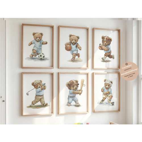 Vintage Teddy Bear Sports Nursery Art Set, Set of 6 Watercolor Illustrations  for kids Boy Room, blue, Golf, Baseball, Soccer, basketball