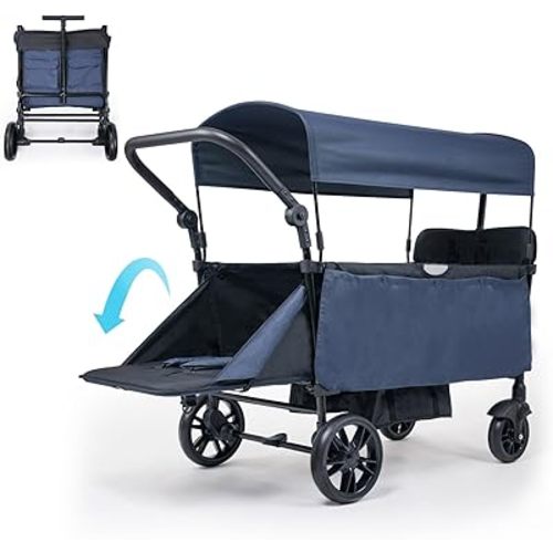 Infant Master Collapsible Wagon with Canopy and Large Wheels - All-Terrain Heavy Duty Folding Cart for Sports, Shopping, Camping - 400L Capacity, Adjustable Handle, 2 Child Restraints, Blue