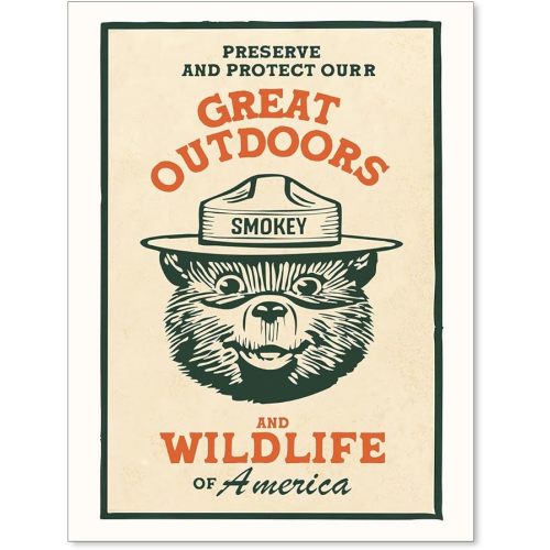 Cute Kids Bear Wall Art Nature Conservation Wildlife Animal Poster Retro Beige Cabin Canvas Prints for Outdoorsy Camping Wall Decor 12x16 inch Unframed