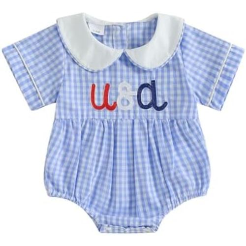 Douhoow Baby Girls Romper Short Sleeve Plaid Embroidery Bodysuit Jumpsuit Infant Girl Summer Clothes