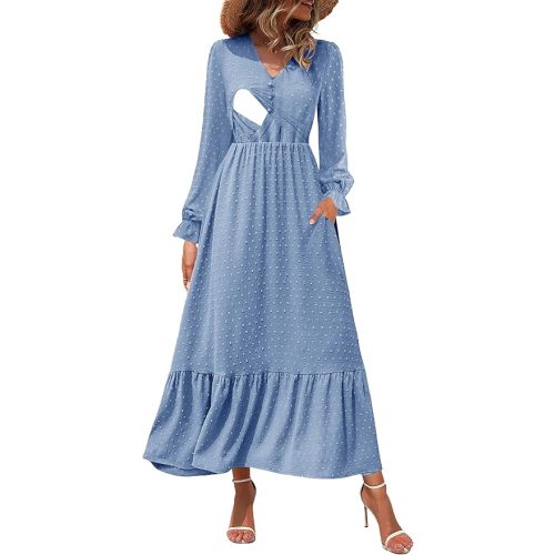 Women Nursing Boho Maxi Dress 2024 V Neck Swiss Dot Smocked High Waisted A-Line Ruffle Tiered Long Dress with Pockets