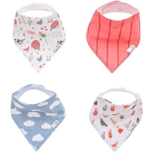 Copper Pearl 4 Pack Soft Cotton Baby Bibs for Drooling and Teething, Absorbent Drool Bibs for Baby Girl and Boy, Adjustable to Fit Newborns to Toddlers, Tons of Styles (Farmstead)