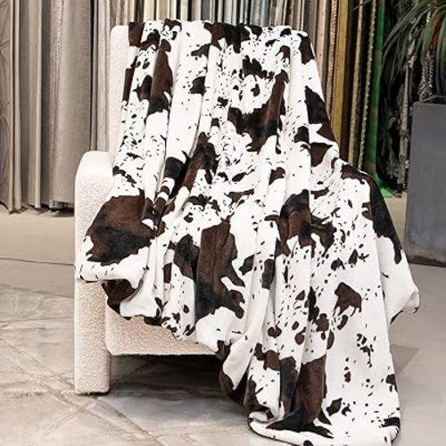 Cow Print Blanket Lightweight Ultra Soft Plush Fleece Throw - Cozy Warm Farmhouse Decor, Brown & White Fuzzy Blanket for All Seasons, Birthday Gifts for Teenage Girls Boys Women 50x60 Inch