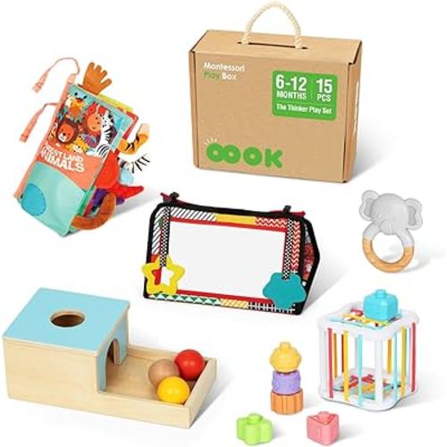 Montessori Toys for Babies 6-12 Months, 7 in 1 Learning Educational Kit with Tummy Baby Mirror Toys, Object Permanence Box, Soft Baby Crinkle Book, Sensory Bin and Natural Teether.