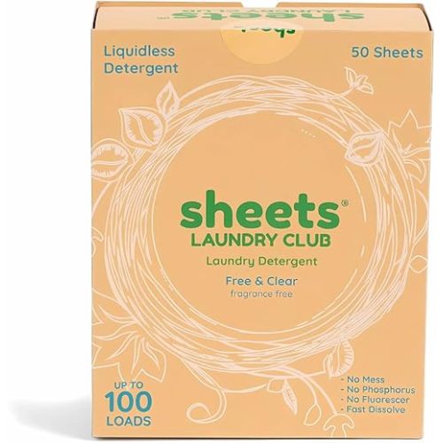 Sheets Laundry Club Laundry Detergent Sheets, 100 Loads - Fragrance Free Scent, Eco-Friendly, Quick-Dissolving Formula, Hypoallergenic, Septic Safe, Plastic-Free Packaging - 50 Sheets
