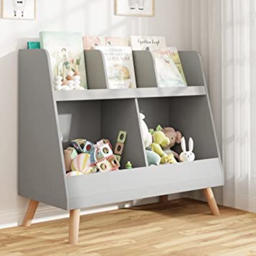 Kids Bookshelf and Toy Organizer, 5 Cubbies Wooden Open Bookcase, 2-Tier Baby Storage Display Organizer with Legs, Free Standing Bookshelf for Playing Room, Bedroom, Nursery, Kids Room, Gray