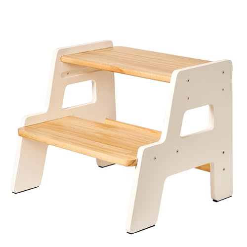 Toddler Step Stool for Kids - Height Adjustable Non-Slip Wooden Step Stool for Bathroom Sink, Kitchen & Potty Training 2-Step - White