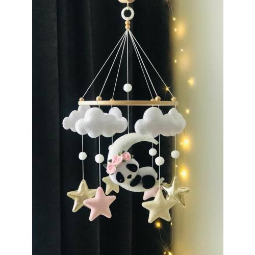 Panda Baby Mobile: Sleeping Panda on Moon, Nursery Decor