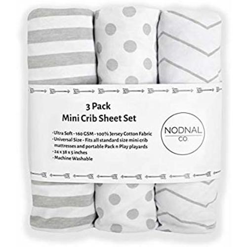 NODNAL CO. Pack n Play Playard Portable Mini Crib Fitted Sheets Set 3 Pack 100% Jersey Knit Gray Cotton Pack and Play for Baby Girl/Boy Playpen - Grey/White Chevron, Polka Dot and Stripe 160 GSM Sheet