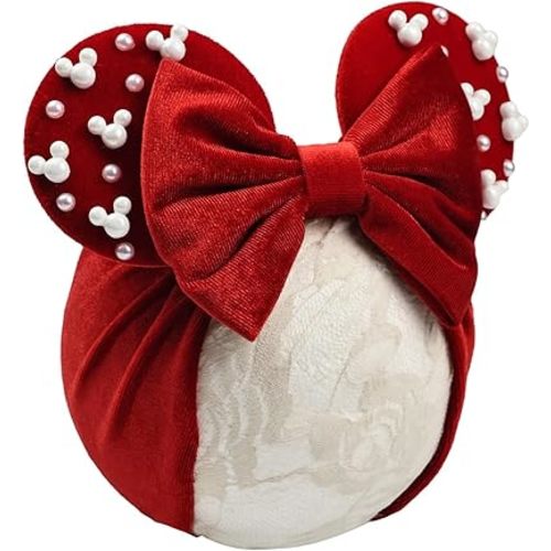 JIAHANG Baby Girl Velvet Mouse Ears Turban Headwrap with Pearls, Wide Velour Hairband, Red Hair Bow Headband for Toddler, Kids, Party Supplie