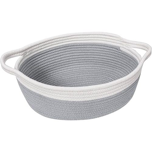 Goodpick Small Woven Storage Basket with Handles, Cotton Rope Baskets for Gifts Empty, Dog Toys, Diapers, Towels, Easter Baskets for Kids, 12" x 8" x 5", Gray