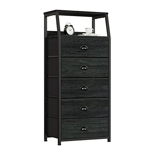 Black Dresser for Bedroom, Fabric Dorm Tall Nightstand | 5 Drawers Chests of drawers, Closet Organizer, Bedside Table Furniture for Living Room, Sturdy Steel Frame, Wood Top
