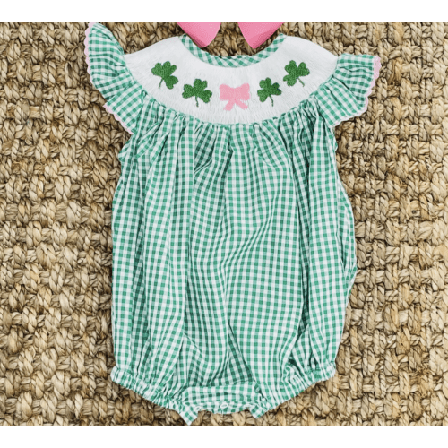 Shamrock Smocked Romper in Gingham - St. Patrick's Day – Pleats and Stitches