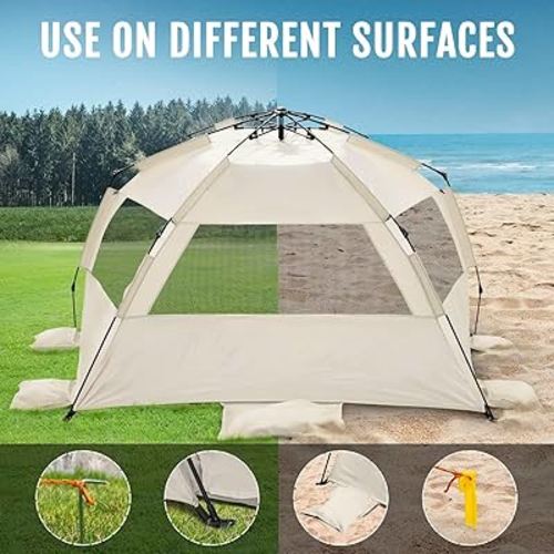 WhiteFang Deluxe XL Pop Up Beach Tent Sun Shade Shelter for 3-4 Person, UV Protection, Extendable Floor with 3 Ventilating Windows Plus Carrying Bag, Stakes, and Guy Lines
