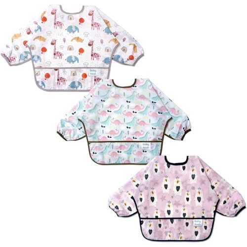 3 Pcs Long Sleeved Bib Set | Baby Waterproof Bibs with Pocket Bundle Toddler Bib with Sleeves and Crumb Catcher 6-24 Months - White Salmon Pink Purple