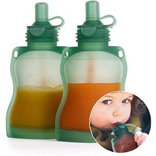 haakaa Silicone Refillable Squeezy Baby Food Yummy Pouch Homemade Organic Food for Babies/Toddlers/Kids, 2 Pack 4 oz, Pea Green