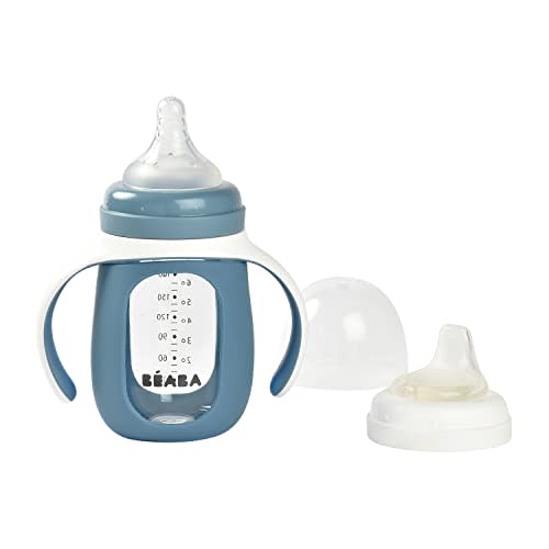 BEABA 2-in-1 Glass Baby Bottle to Glass Transition Sippy Cup, Spill Proof Sippy Cup, Toddler Baby Bottle with Soft Silicone Nipple and Spout, 7 oz (Rain)