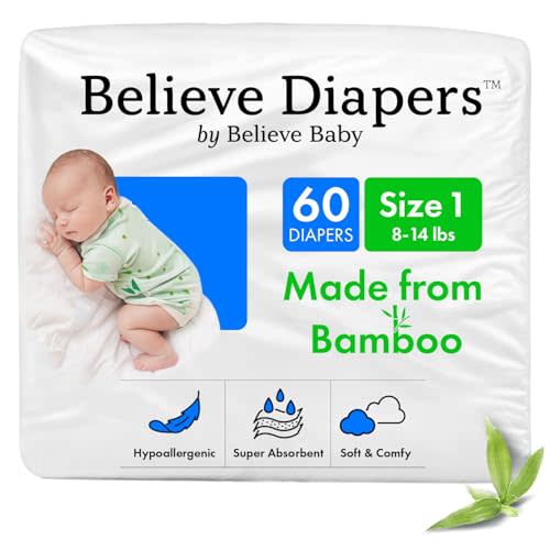 Believe Diapers Size 1 (8-14 Lbs) Viscose Bamboo Diapers 60 Count – Natural Baby Diaper, Chemical Free and Fragrance Free Natural Diaper for Sensitive Skin, Super Absorbent with Leak Protection