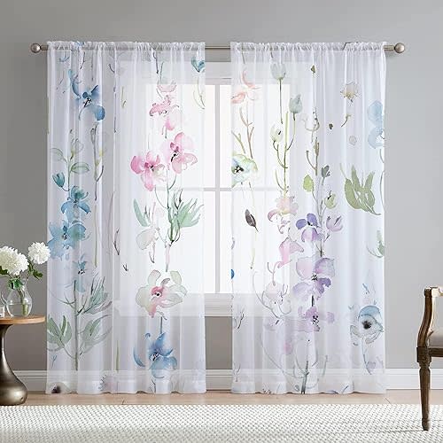 Floral Leaves Curtains for Living Room 96 inch Length 2 Panels Set Elegant Blue Pink Spring Flower Printed Window Curtain Natural Sheer Curtains Chiffon Drapes for Bedroom