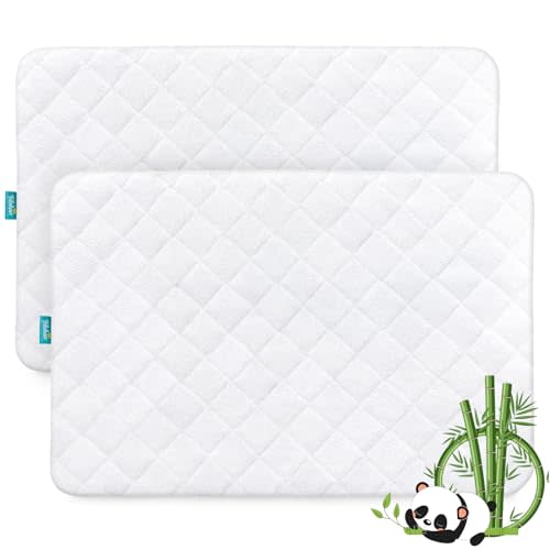 Waterproof Pack and Play Mattress Pad Cover, Pack and Play Mattress Protector Sheets Fitted, 2 Pack, Viscose Made from Bamboo Terry Surface, Ultra Soft and Skin-Friendly, Washer & Dryer, White