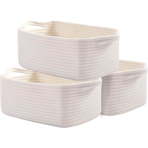 OIAHOMY Cotton Rope Baskets, Woven Baskets for Storage, Nursery Storage Baskets, Decorative Storage Bins, Rectangle Storage Basket with Handles, Storage Baskets for Shelves, Pack of 3, Pure and White