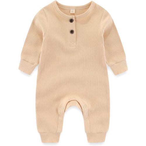Newborn Baby One Piece Romper With Mitten Cuffs 3 Pack Long Sleeve Ribbed Button Jumpsuit Outfit Clothes - 3 months - 3pack Long Sleeve Apricot+yellow+tan